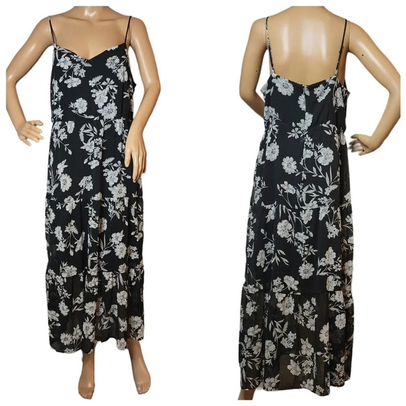 J. Crew midi dress. Ruffle hem. Black white floral. Size 12P - Picture 1 of 15